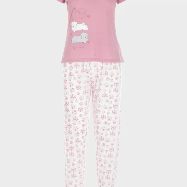 Πιτζάμα γυναικεία με σκυλάκια ΡΟΖ