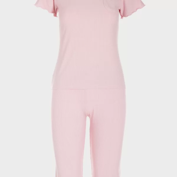 Πιτζάμα γυναικεία κάπρι με τσεπάκι και σατέν λεπτομέρειες ΡΟΖ