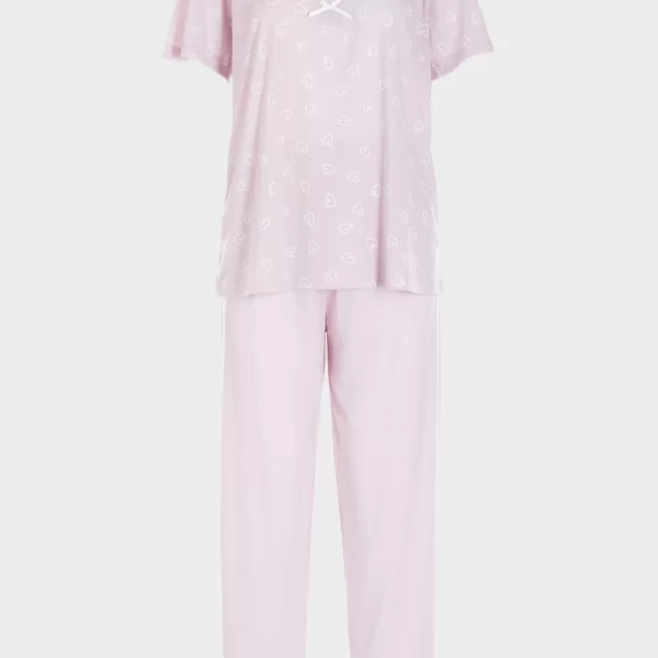 Πιτζάμα γυναικεία με καρδιές κοντό μανίκι ΡΟΖ