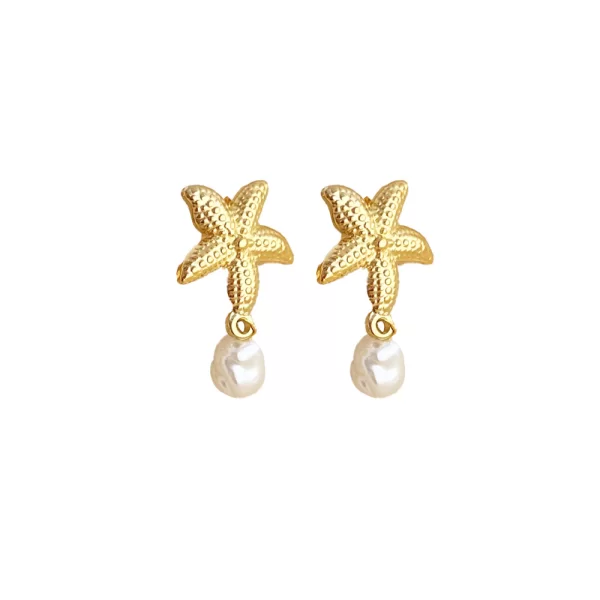 Κρεμαστά σκουλαρίκια αστερίες με πέρλα από ανοξείδωτο ατσάλι σε χρυσή απόχρωση