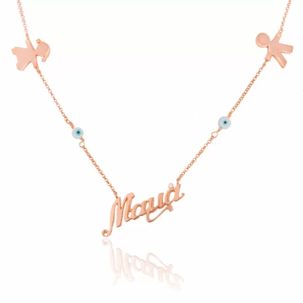 Ασημένιο κολιέ μαμά με ματάκι και ένα αγοράκι ή κοριτσάκι επιχρυσωμένο με ροζ χρυσό