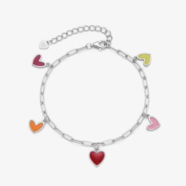 Ασημένιο Βραχιόλι με πολύχρωμες Κρεμαστές Καρδιές από Σμάλτο