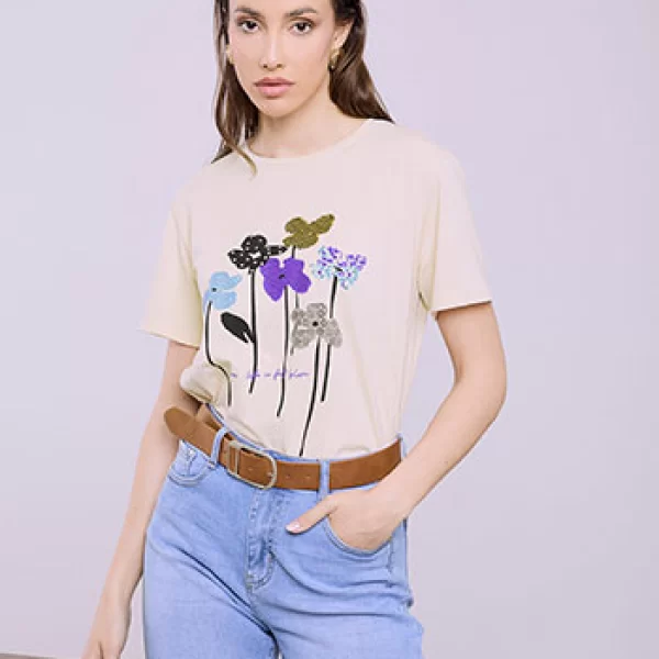T-shirt με λουλούδια και strass SQ7616.4936+3