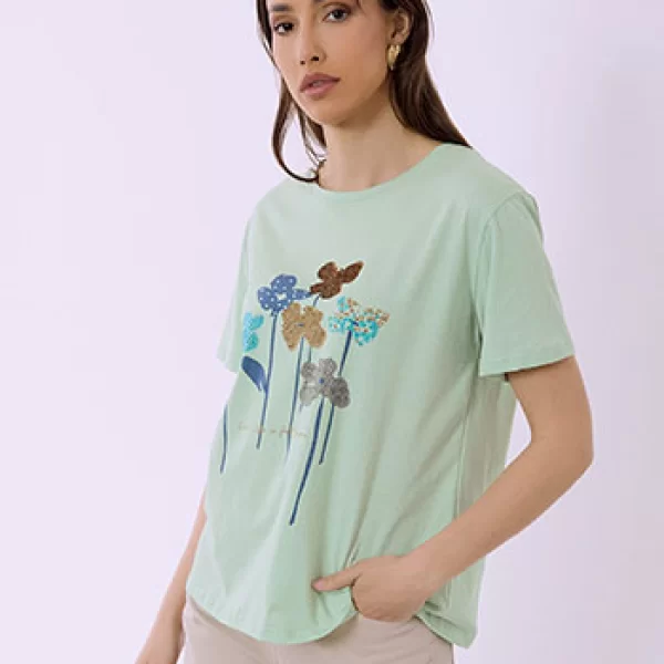 T-shirt με λουλούδια και strass SQ7616.4936+5