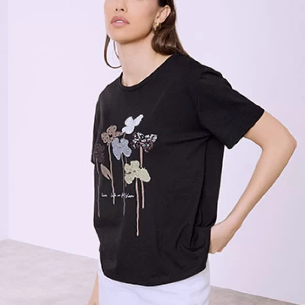 T-shirt με λουλούδια και strass SQ7616.4936+2