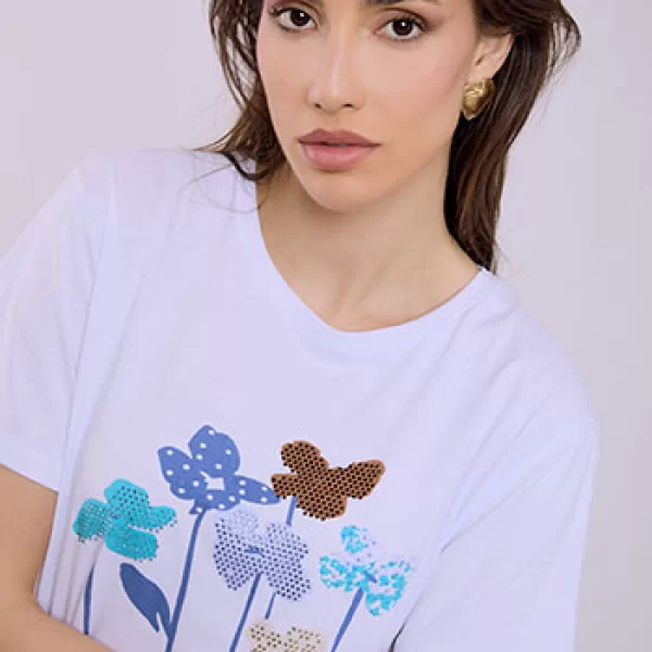 T-shirt με λουλούδια και strass SQ7616.4936+1