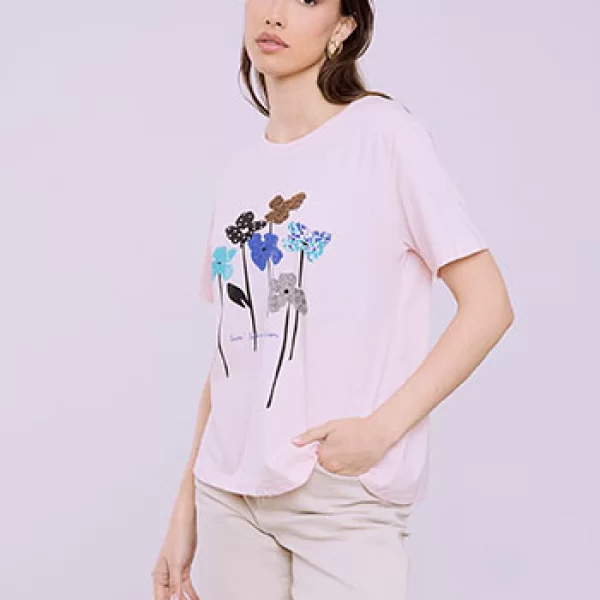 T-shirt με λουλούδια και strass SQ7616.4936+4