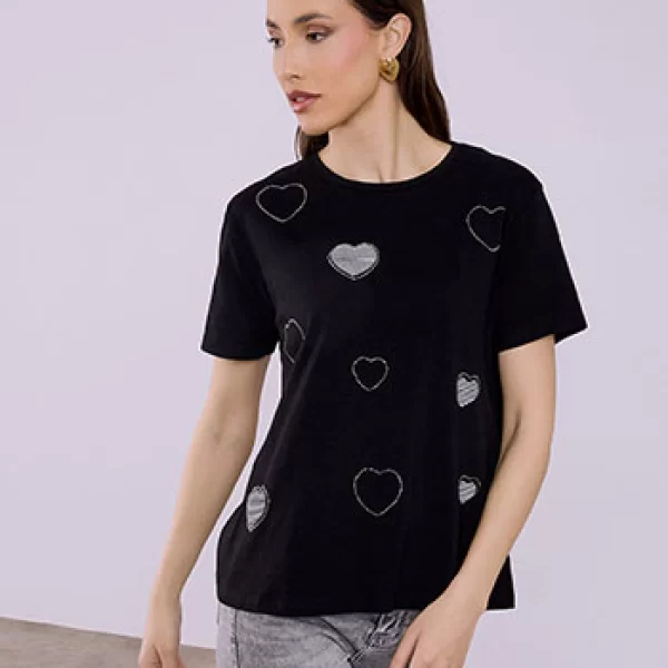 T-shirt με καρδιές και strass SQ7616.4940+3