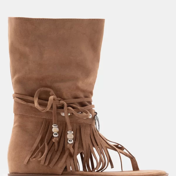 Flat Σανδάλια με Κρόσσια & Φερμουάρ - Μπεζ-Σκούρο