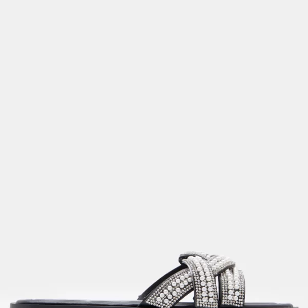 Flat Σανδάλια με Διακοσμητικά Strass & Χάντρες - Μαύρο