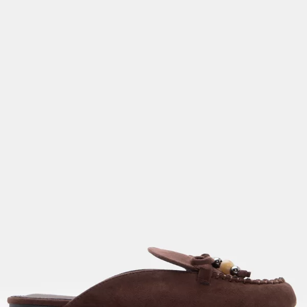 Mules Loafers με Διακοσμητικό Φιόγκο & Χάντρες - Καφέ Σκούρο