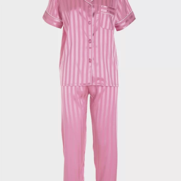 Σατέν πιτζάμα γυναικεία μονόχρωμη με κοντό μανίκι ΡΟΖ