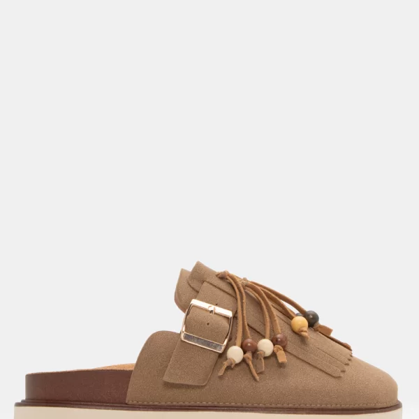 Clogs Σαμπό με Διακοσμητικά Κρόσσια & Χάντρες - Μπεζ-Σκούρο