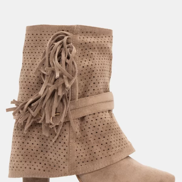 Μποτάκια Cowboy με Εφέ Αναδιπλούμενης Φάσας & Κρόσσια - Μπεζ-Σκούρο