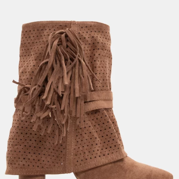 Μποτάκια Cowboy με Εφέ Αναδιπλούμενης Φάσας & Κρόσσια - Κάμελ