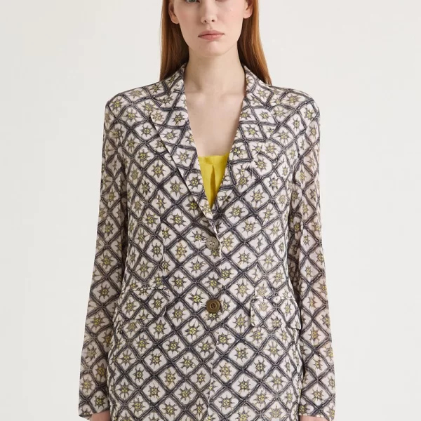 Maliparmi Γυναικείο Μακρύ Σακάκι με Γεωμετρικό Μοτίβο και Μεταλλικά Κουμπιά Regular Fit