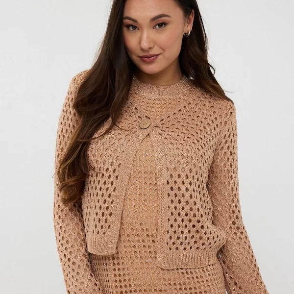 EsQualo Γυναικεία Πλεκτή Ζακέτα Lurex με Κουμπί Regular Fit σε Nude