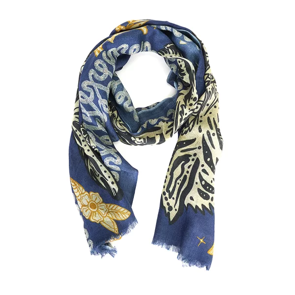 Γυναικείο Φουλάρι από Μαλλί & Μετάξι Animal Print σε Εμπριμέ Μπλε