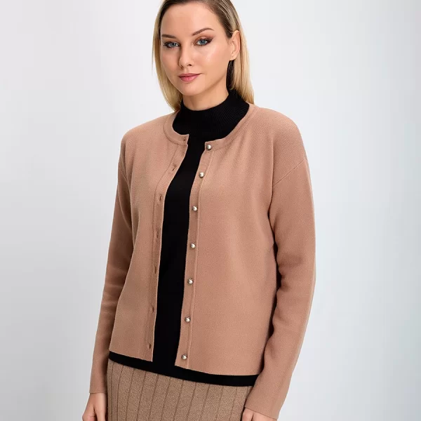 Γυναικεία Πλεκτή Ζακέτα με Λαιμόκοψη Regular Fit Καμηλό