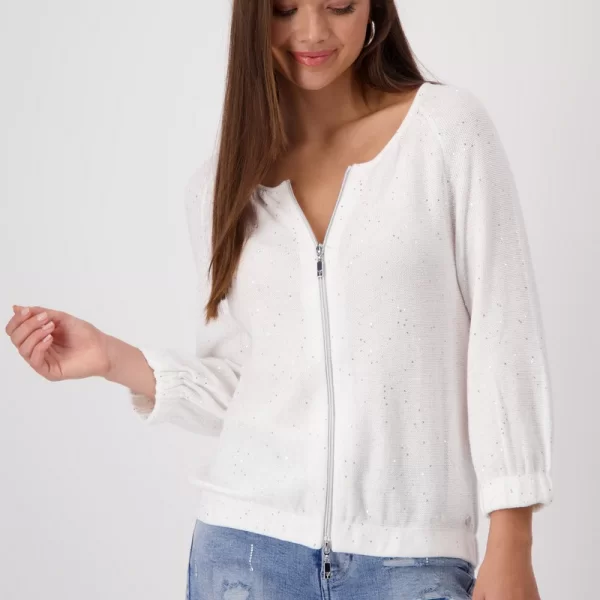 Monari Γυναικεία Ζακέτα με Φερμουάρ και Παγιέτες σε Υπόλευκο