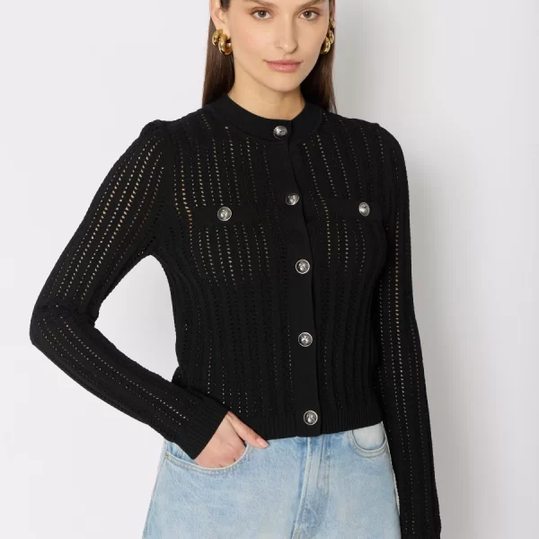 Berenice Γυναικεία Ζακέτα Slim Fit Από Διάτρητο Πλεκτό Με Μεταλλικά Κουμπιά Μαύρη