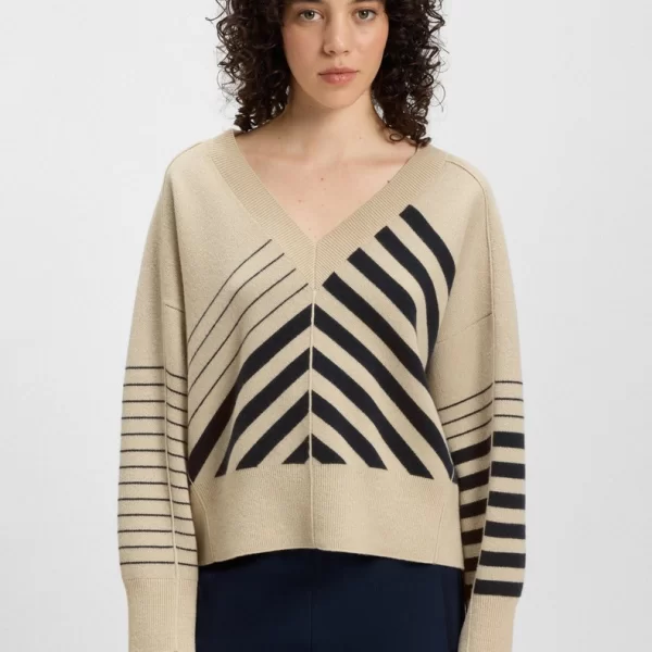 Boss Γυναικείο Πουλόβερ από Μαλλί και Κασμίρι με Block Stripes Regular Fit