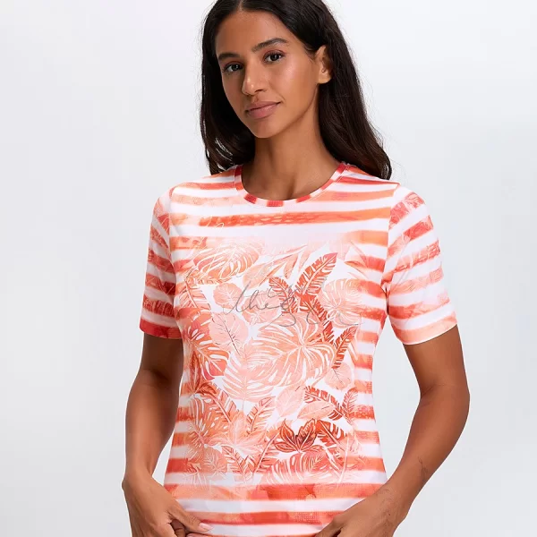Γυναικείο T-shirt με Ριγέ Βάση και Τροπικό Μοτίβο Regular Fit