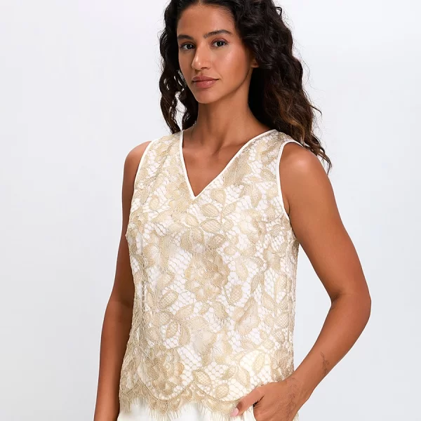 Γυναικείο Τοπ με Μεταλλική Δαντέλα Regular Fit σε Εκρού