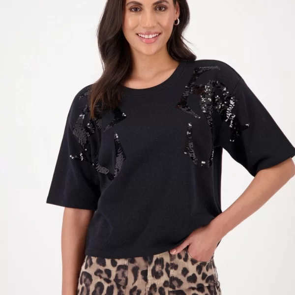 Monari Γυναικείο T-Shirt με Lurex και Παγιέτες σε Μαύρο