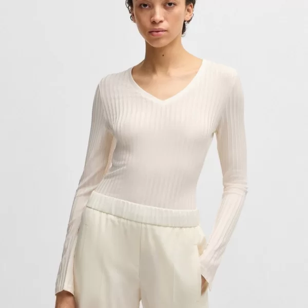 Boss Γυναικείο Τοπ με V Λαιμόκοψη από Λαμπερό Ribbed Jersey σε Ιβουάρ