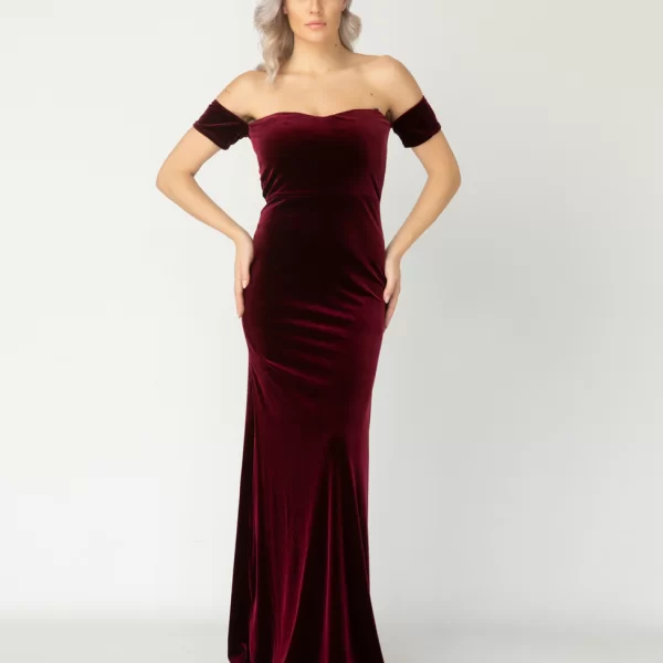 Μάξι Βελούδινο Φόρεμα Με Σκίσιμο Μπορντώ