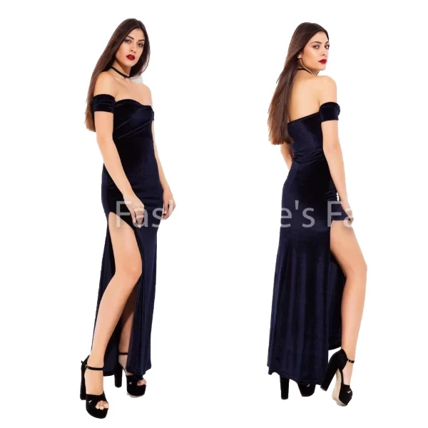 Μάξι Βελούδινο Φόρεμα Με Σκίσιμο Μπλέ