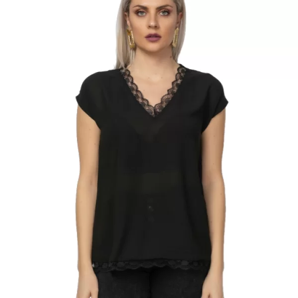 Μπλούζα V με Δαντέλα στο Μπούστο Μαύρη