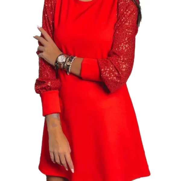 Φόρεμα σε Α γραμμή με Παγιέτα στο μανίκι Κόκκινο