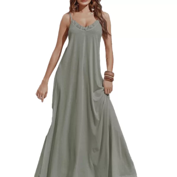 Maxi Φόρεμα Με Βολάν Στο Μπούστο Χακί