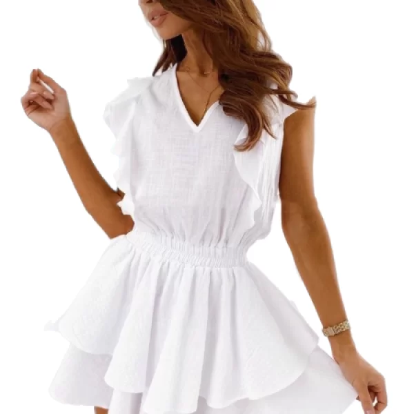 Φόρεμα Με V Και Βολάν Λευκό