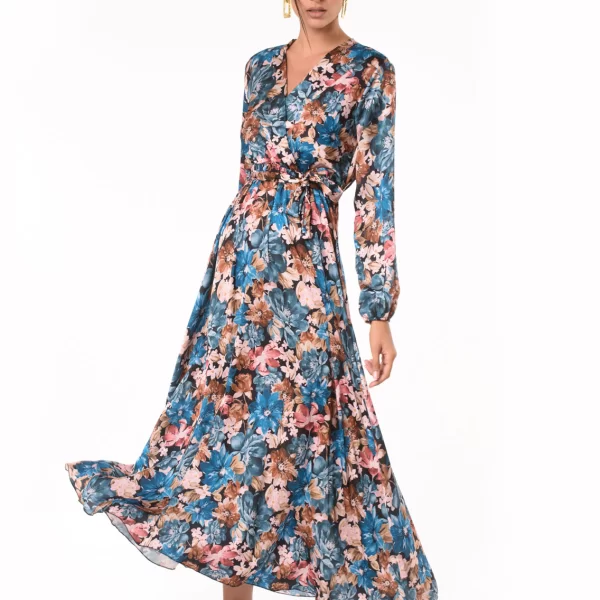 Σατινέ Φόρεμα Φλοράλ Μπλέ