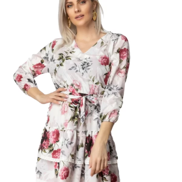 Φόρεμα Φλοράλ Με Ζωνάκι Λευκό