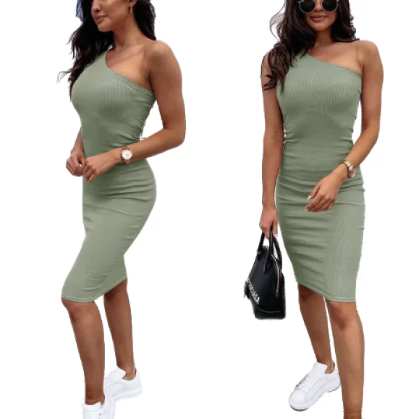 Midi Φόρεμα Ριπ Με έναν Ώμο Χακί