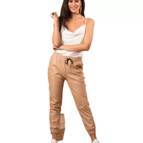 Παντελόνι Δερματίνης Με Λάστιχο Μπέζ